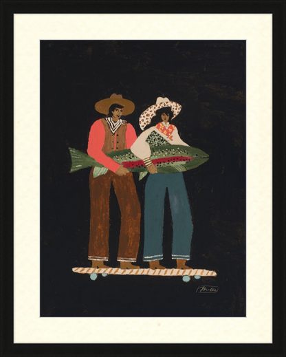 Framed artwork of two people holding a large fish on a black background