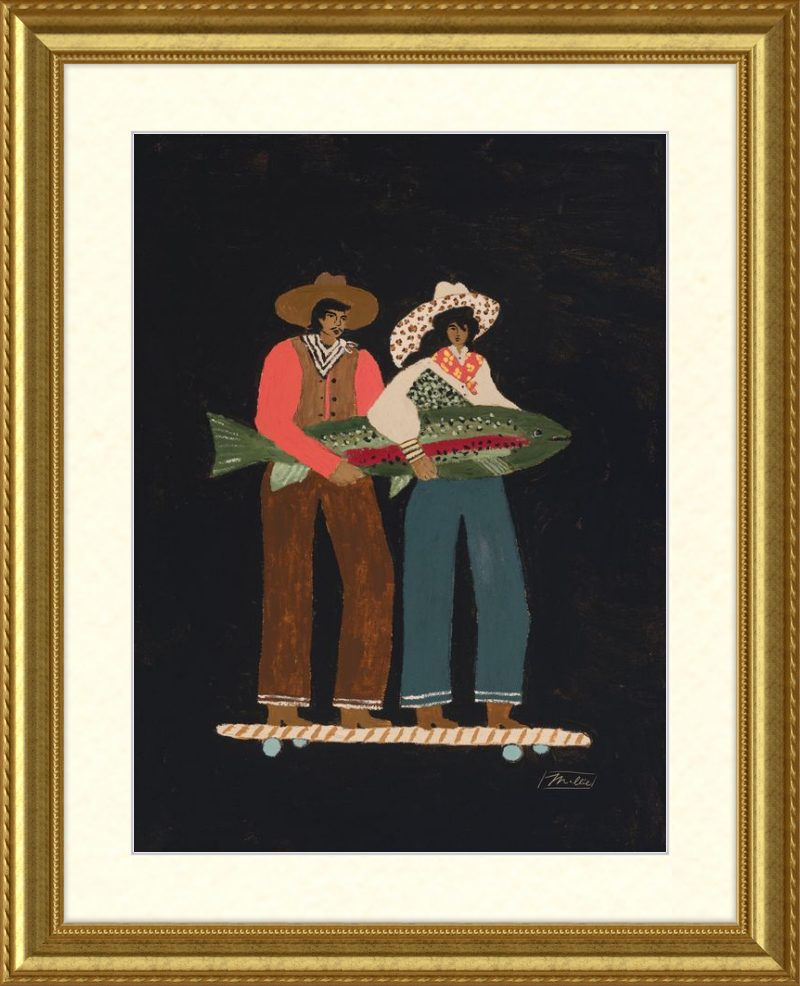 Framed artwork of two people holding a fish on a black background