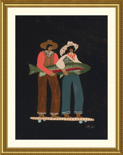 Framed artwork of two people holding a large fish on a black background