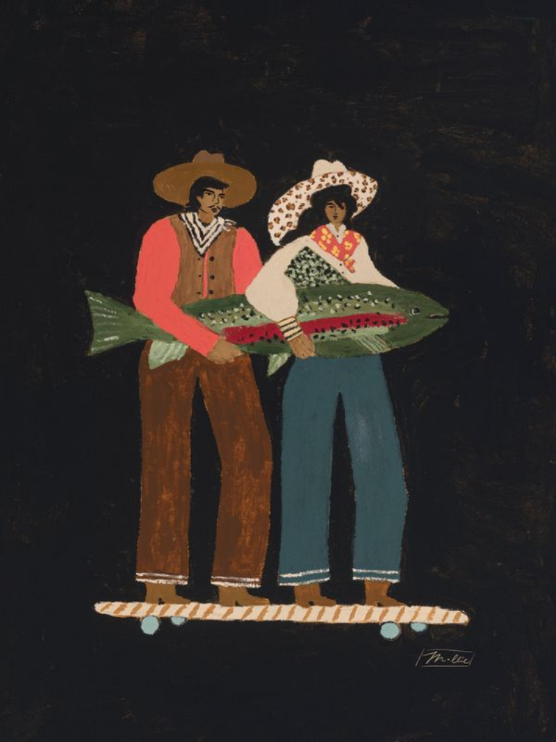 Illustration of two people carrying large fish on a skateboard against a black background.