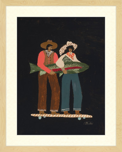 Illustration of two people holding a large fish on a dark background, framed in natural wood.