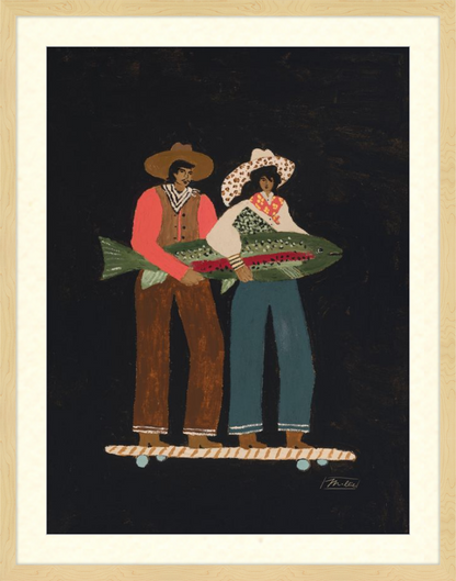 Framed artwork of two people holding a large fish on a black background