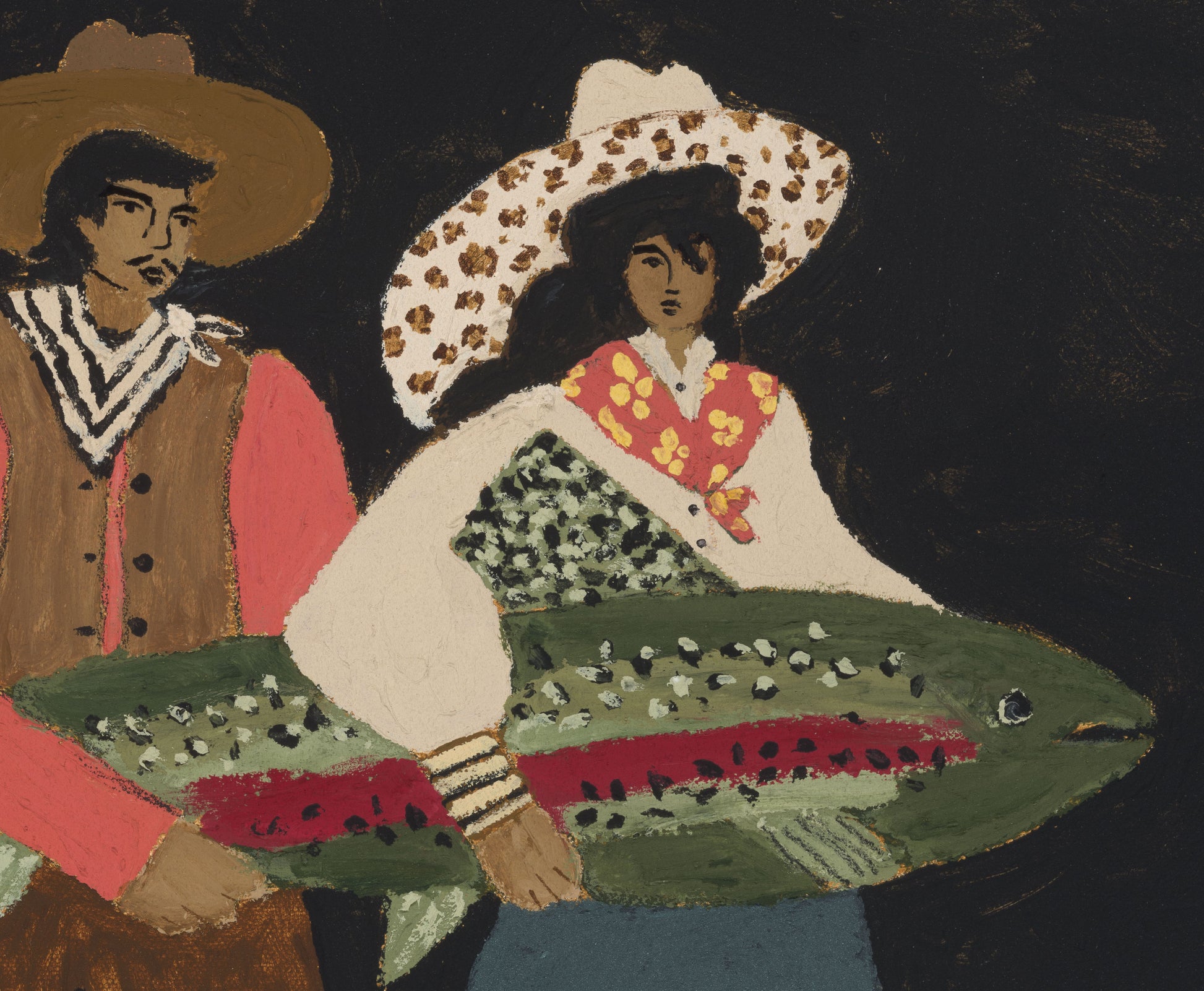 Two people in western cowboy attire with a large fish in the foreground on a dark background