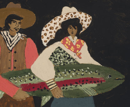 Two people in western cowboy attire with a large fish in the foreground on a dark background