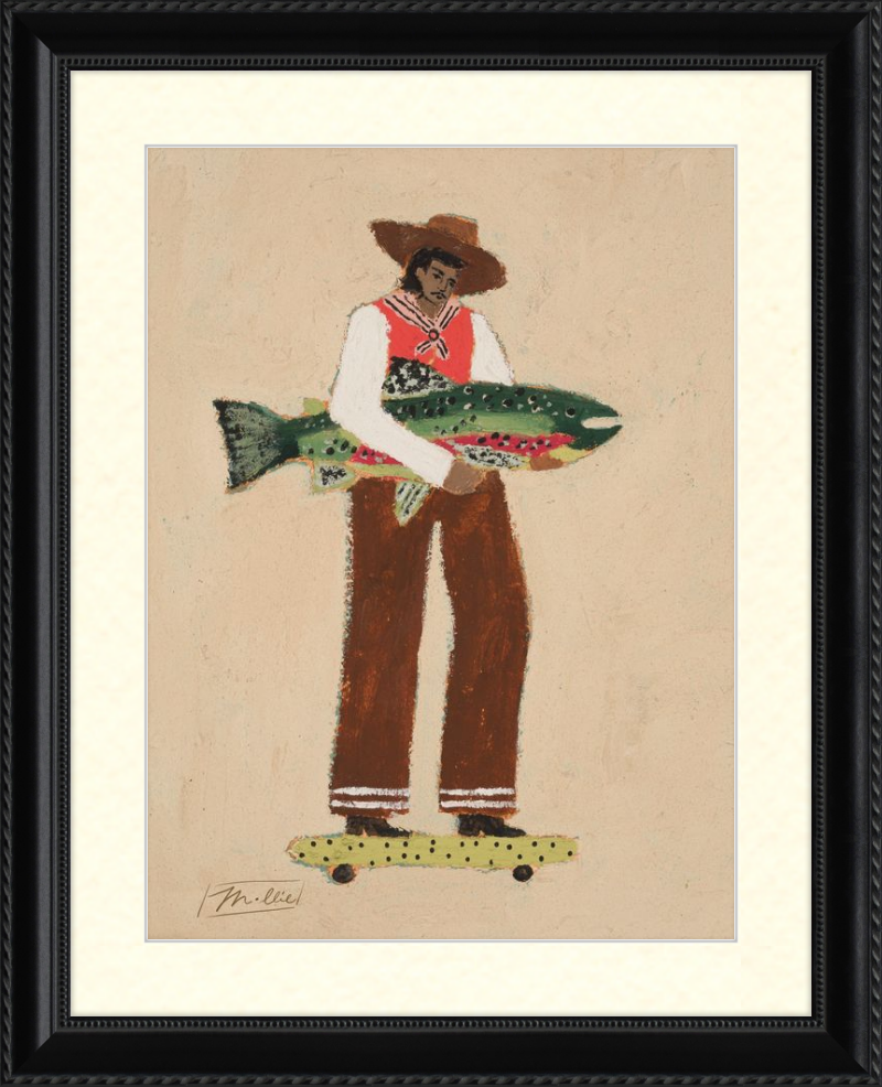Framed artwork of a person holding a fish with a black frame.