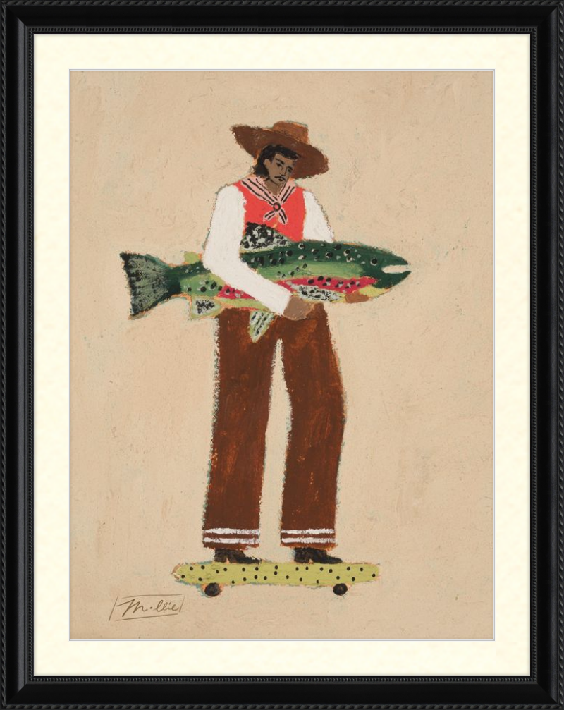 Illustration of a person holding a fish on a skateboard with a framed border.
