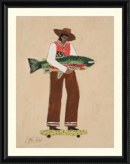 Illustration of a person holding a fish on a skateboard with a framed border.