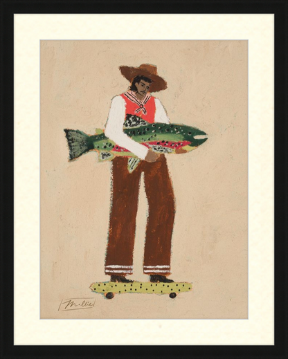 Framed artwork of a person holding a fish and standing on a skateboard