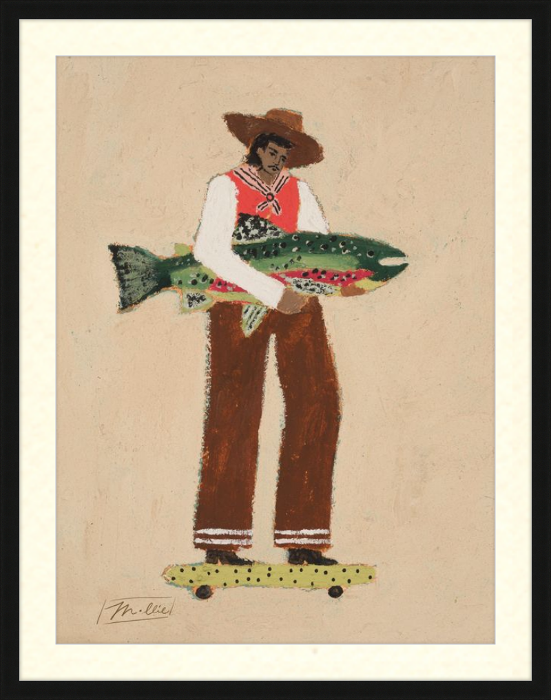 Illustration of a person holding a fish on a skateboard with a beige background