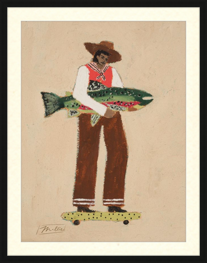 Illustration of a person holding a fish on a skateboard with a beige background