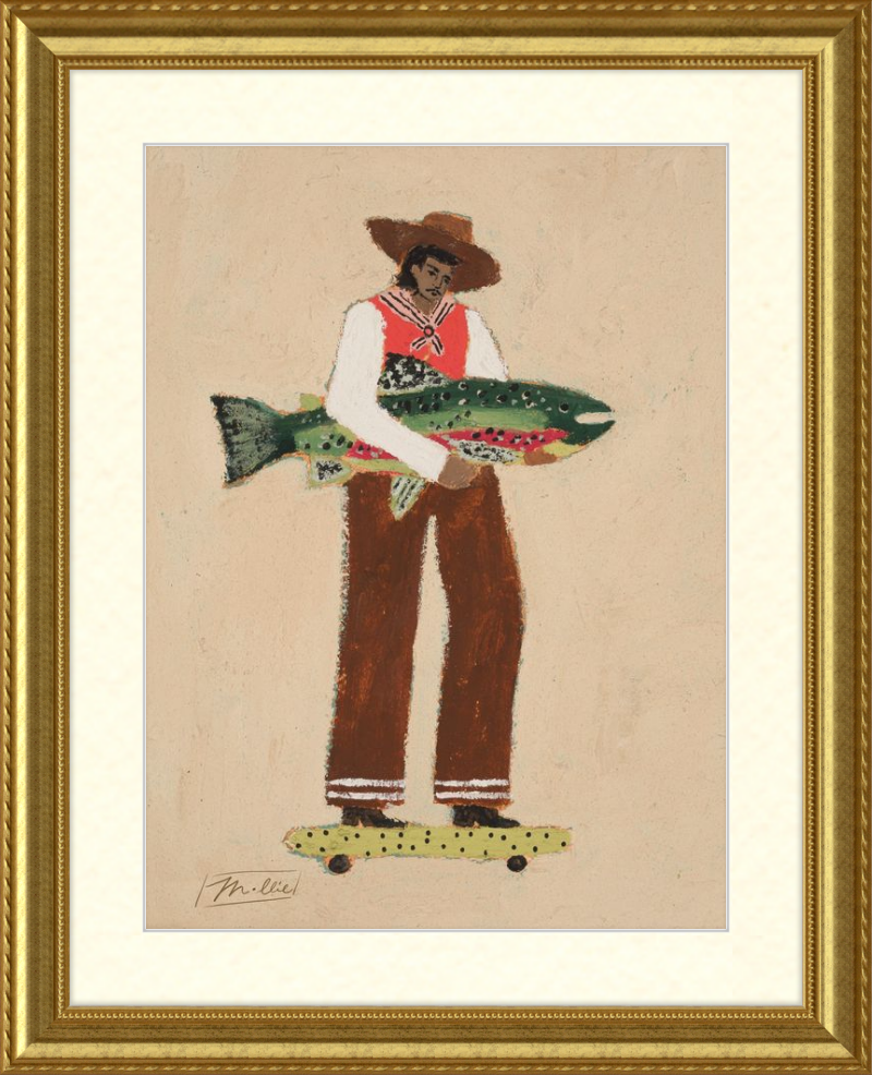 Framed artwork of a person on skateboard holding a fish with a gold frame