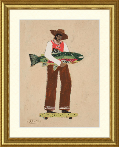 Framed artwork of a person on skateboard holding a fish with a gold frame