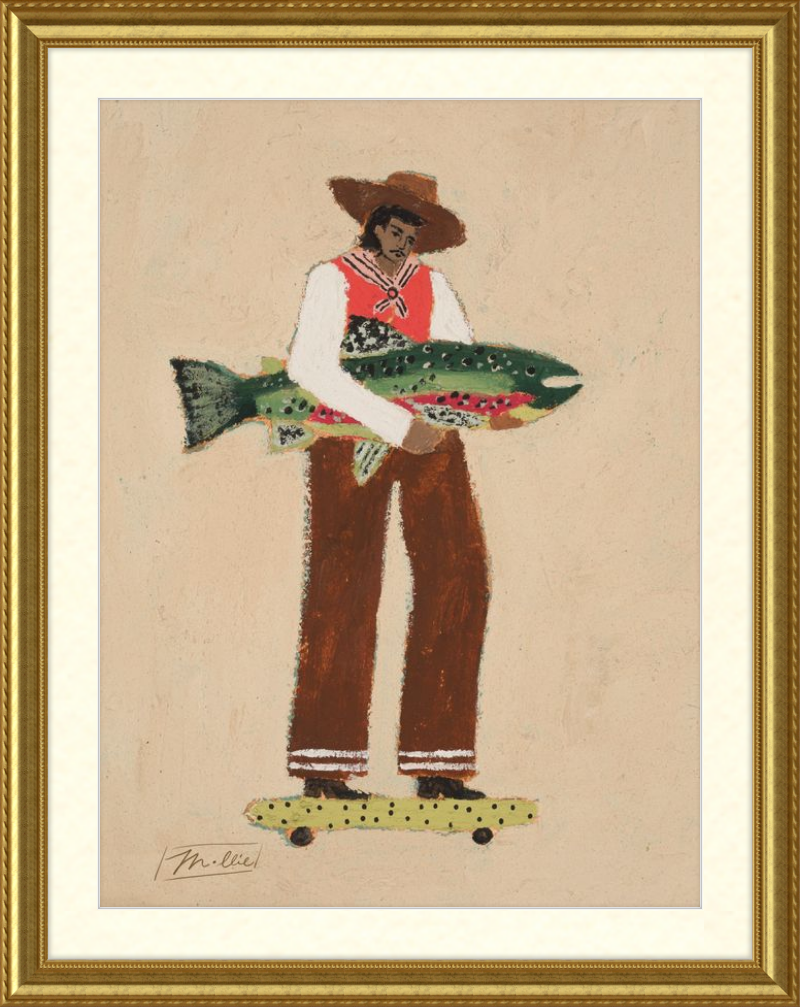 Framed artwork of a person holding a fish on a skateboard with a gold frame.