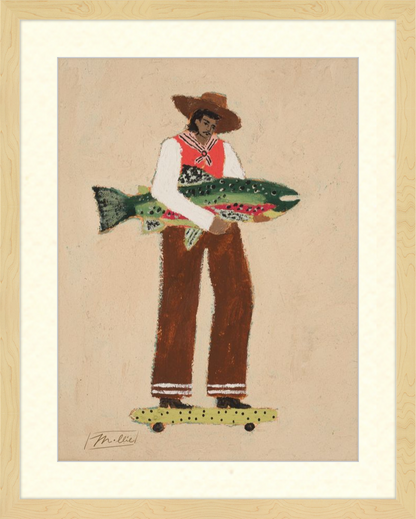 Illustration of a person holding a fish and standing on a skateboard, framed in beige.