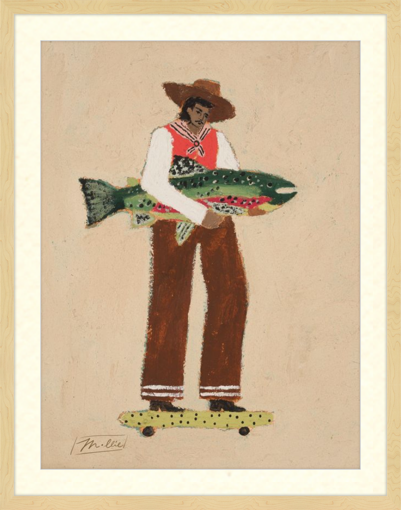 Illustration of a person holding a fish, standing on a skateboard, with a beige background