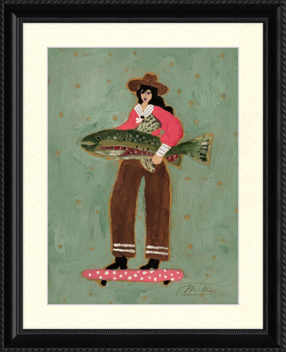 Framed artwork of a woman in cowboy hat holding a large fish on a polka dot skateboard against a green background.