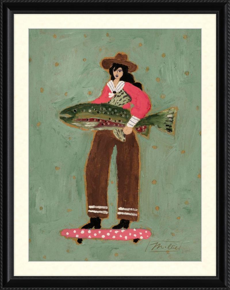 Illustration of a woman holding a fish on a polka dot skateboard with a green background