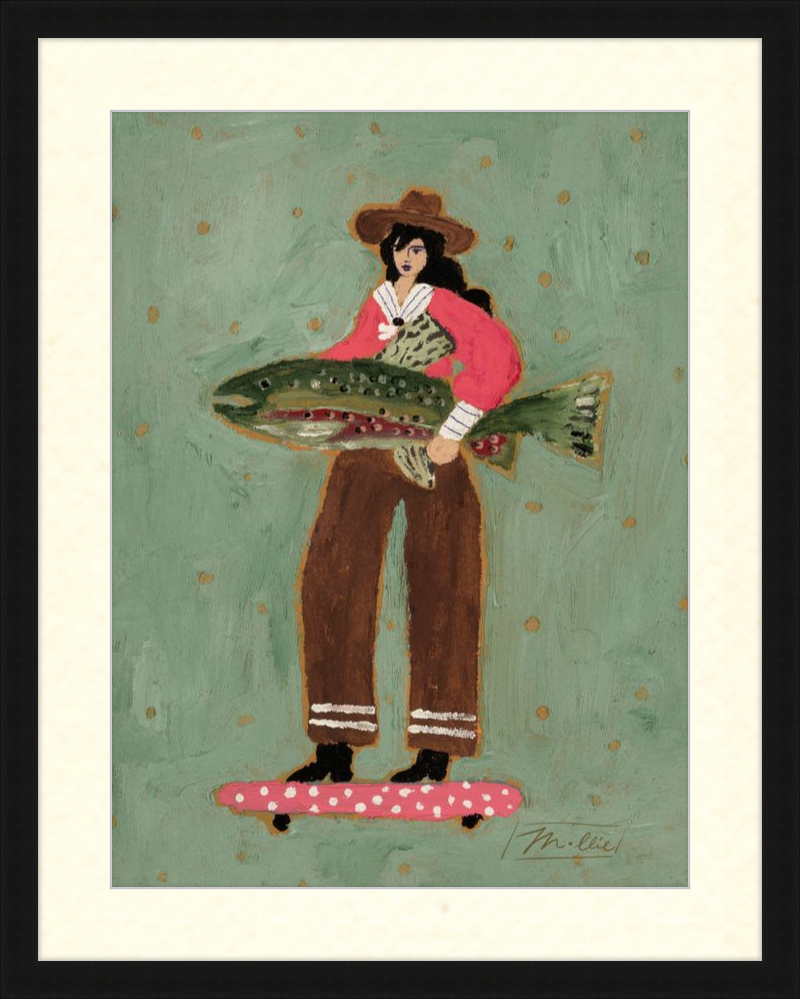 Illustration of a woman holding a large fish on a green background with cowboy hat