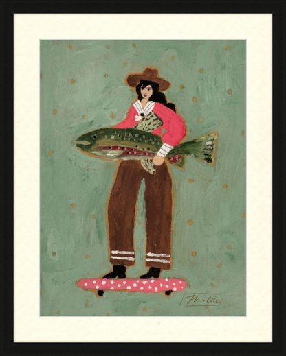 Illustration of a woman holding a large fish on a green background with cowboy hat