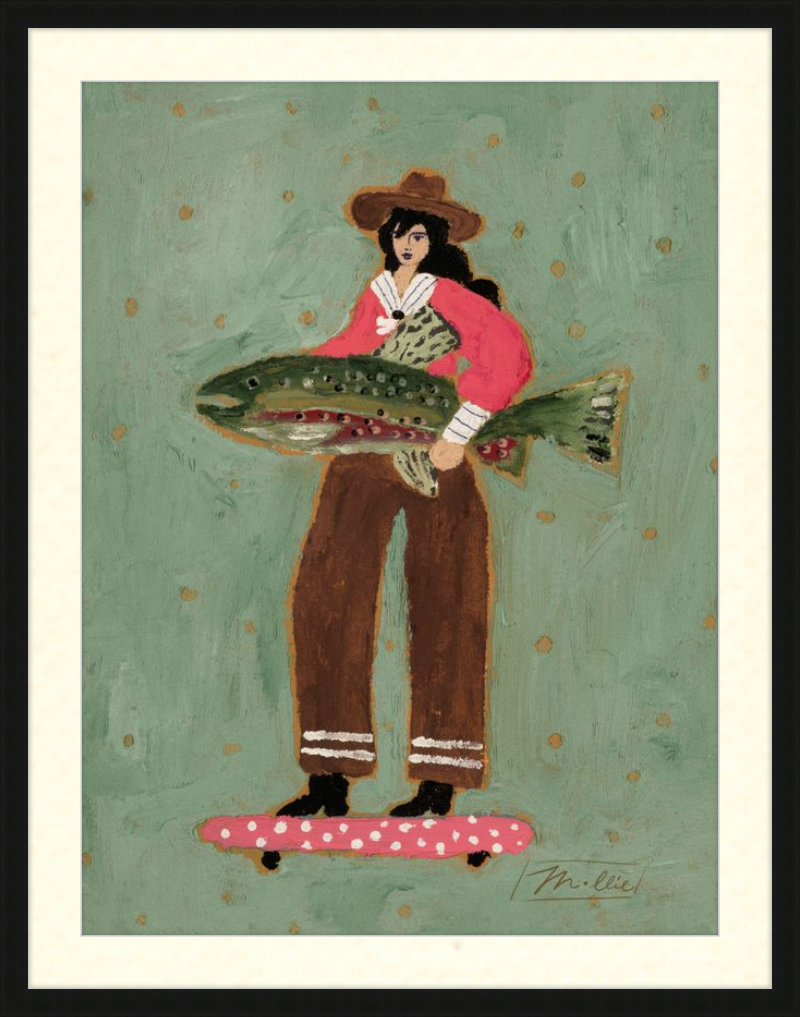 Painting of woman in a cowboy hat holding a large fish on a polka dot skateboard against a green background.