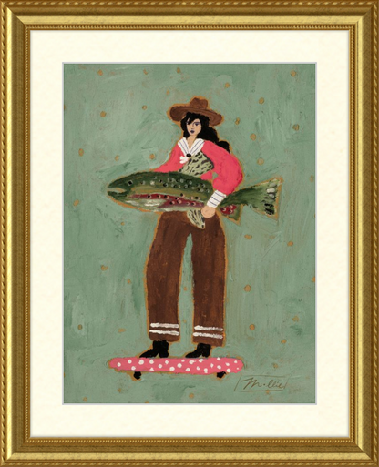 Framed artwork of a woman holding a large fish on a polka dot surfboard against a green background.
