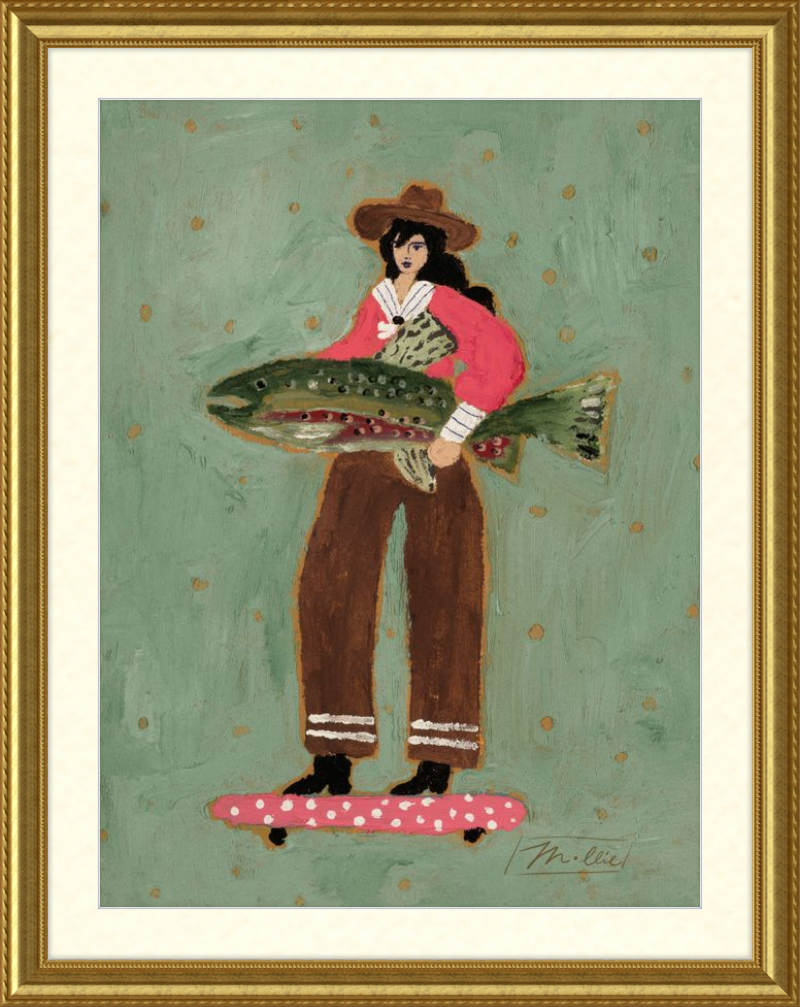 Framed artwork of a woman in cowboy hat holding a fish on a skateboard with a polka dot pattern.