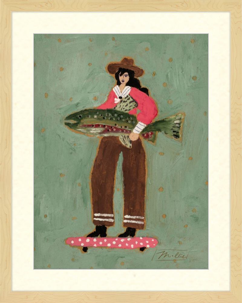 Illustration of a woman holding a large fish on a green background