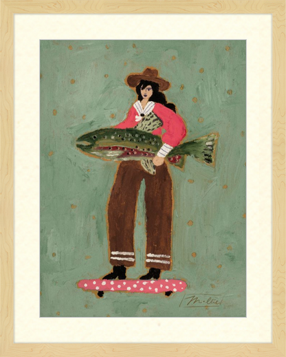 Illustration of a woman holding a large fish on a green background