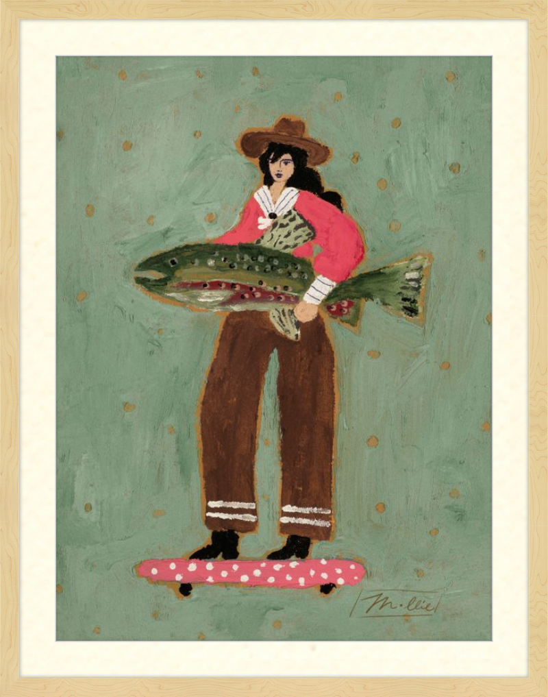 Painting of a woman holding a large fish on a skateboard with a polka dot design.