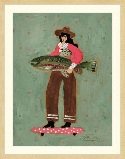 Painting of a woman holding a large fish on a skateboard with a polka dot design.