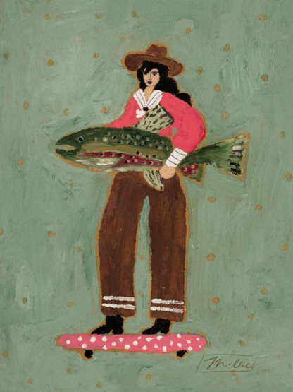 Painting of a woman holding a fish on a green background