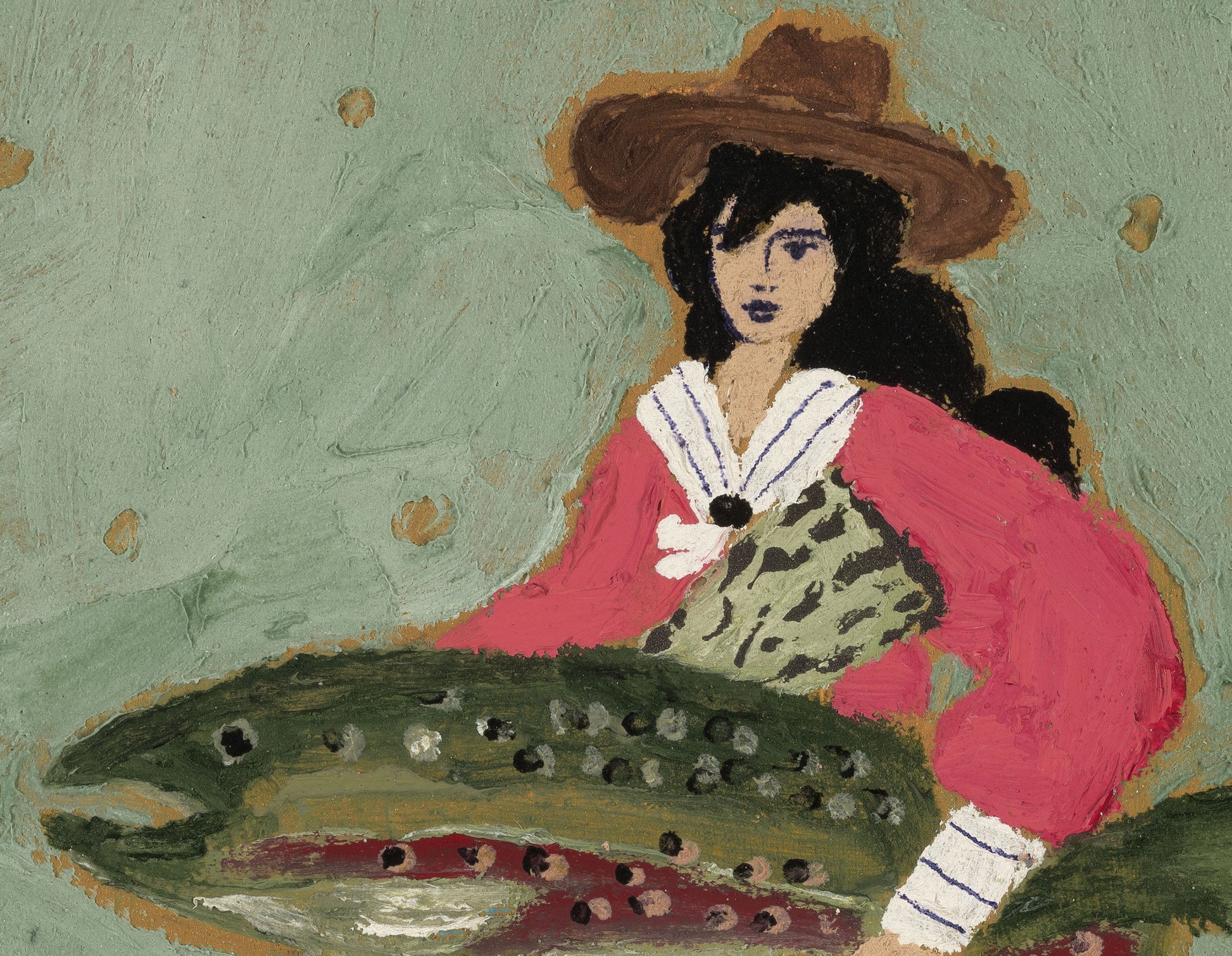 Closeup of painting of a woman in cowboy hat holding a large fish with a green background