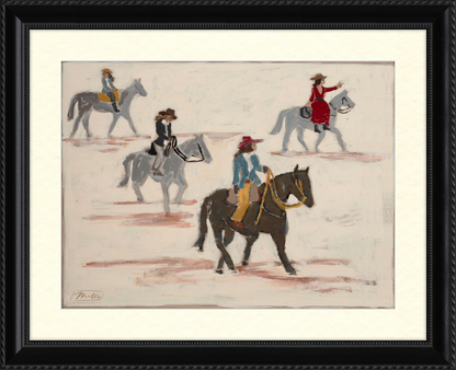 Framed artwork of people riding horses on a white background