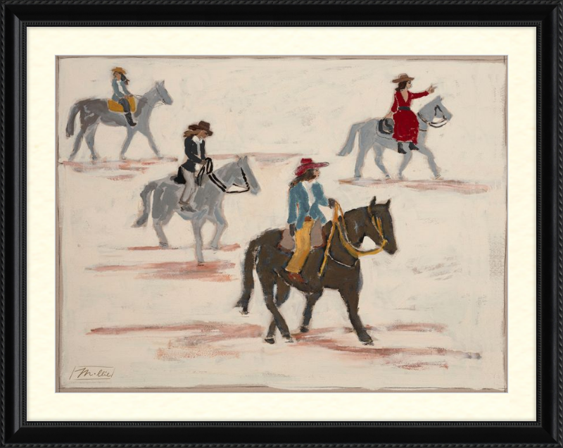 Framed artwork of five cowgirls on horseback in a snowy landscape.