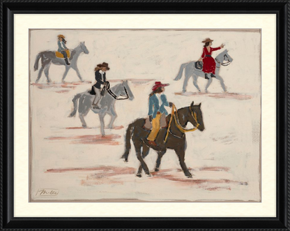 Framed artwork of five cowgirls on horseback in a snowy landscape.