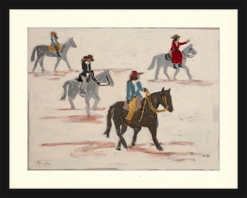 Illustration of cowgirls riding horses on a light background