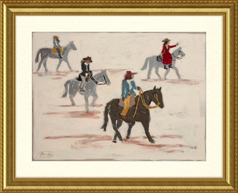 Framed artwork of cowgirls riding horses on a light background