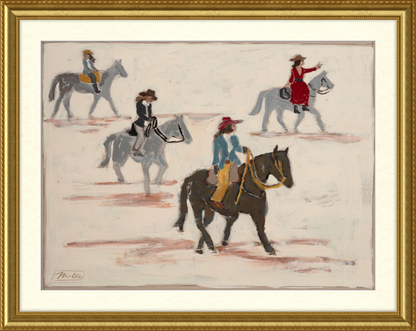Framed artwork of four people on horseback with a gold frame