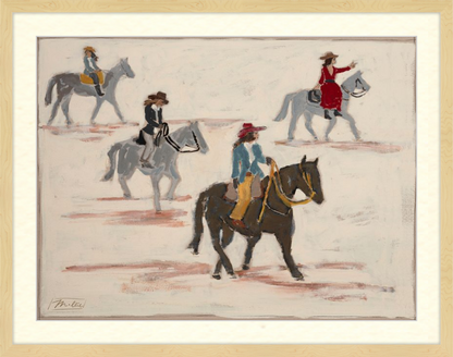 Illustration of cowgirls riding horses 