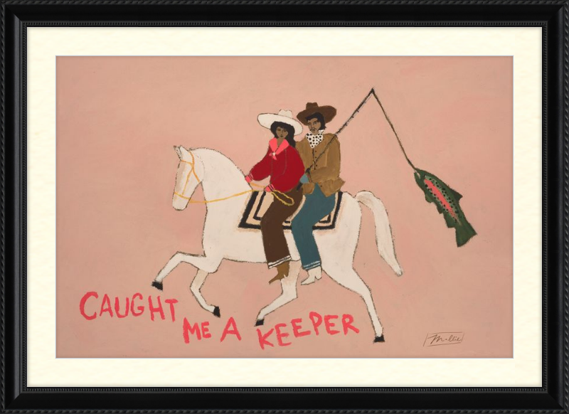 Artistic depiction of two people on a horse with text 'Caught Me A Keeper' on a pink background.