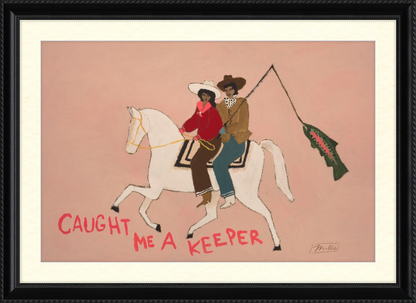 Artistic depiction of two people on a horse with text 'Caught Me A Keeper' on a pink background.