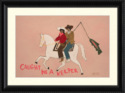 Framed artwork of two people riding a horse with text on a pink background