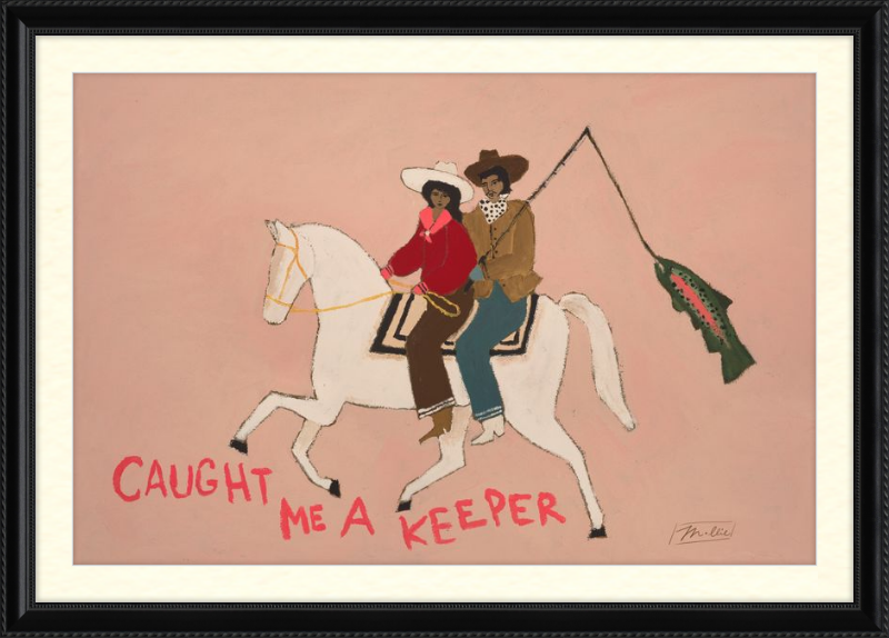 Illustration of two people riding a horse with text on a pink background