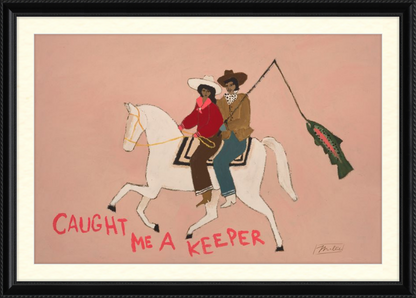 Illustration of two people riding a horse with text on a pink background