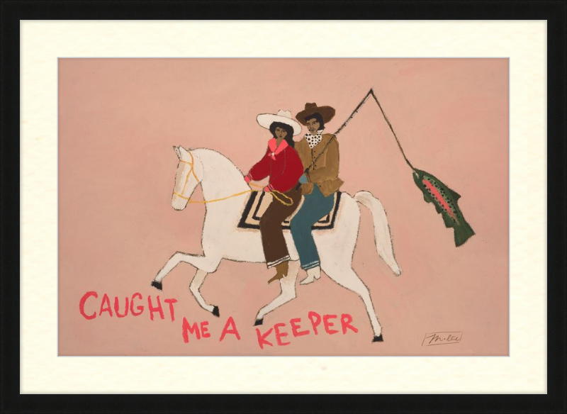Illustration of two people riding a horse with text 'Caught Me A Keeper' on a pink background