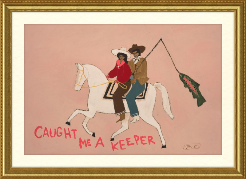 Artistic depiction of two people on a horse with text 'Caught Me A Keeper' in a gold frame.