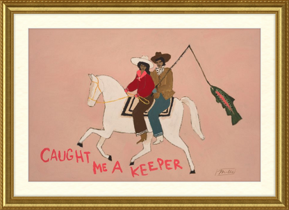 Artistic depiction of two people on a horse with text 'Caught Me A Keeper' in a gold frame.