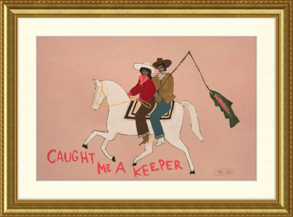 Framed artwork of two people riding a horse with text on a pink background