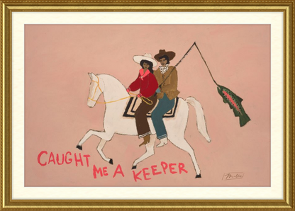 Artistic depiction of two people on a horse with text 'Caught Me A Keeper' in a gold-framed setting.