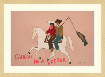 Illustration of two people on a horse with text 'Caught Me A Keeper' on a pink background